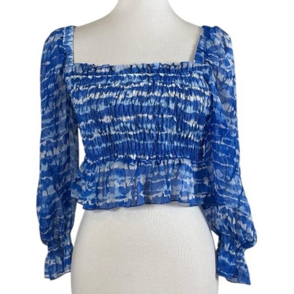 Zara Smocked Chiffon Flare Sleeve Crop Top (Blue, Size L, NEW, No Tags)